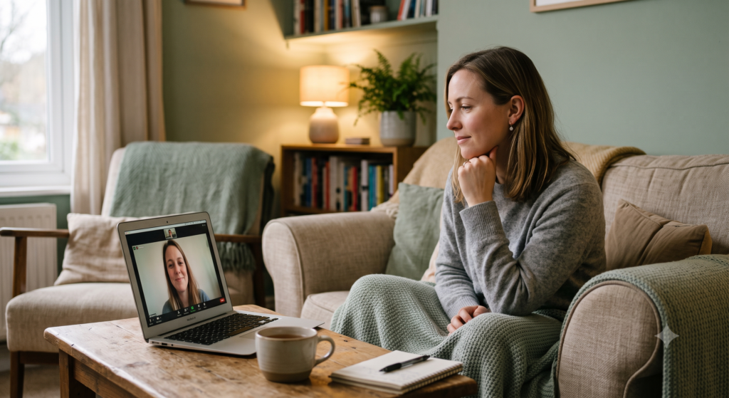 Person having a private online counselling session in Tamil from home