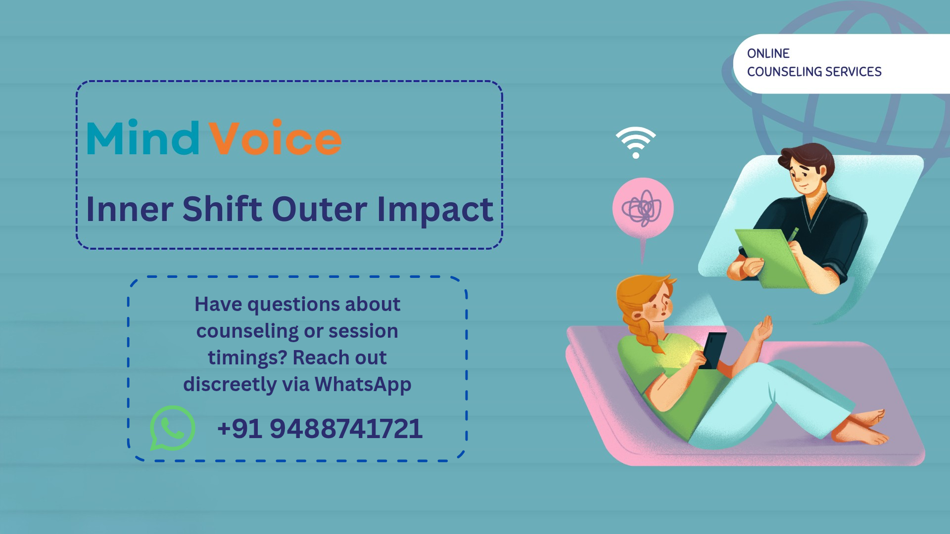 Illustration of an individual attending an online counseling session via smartphone with a professional therapist, featuring MindVoice contact details.