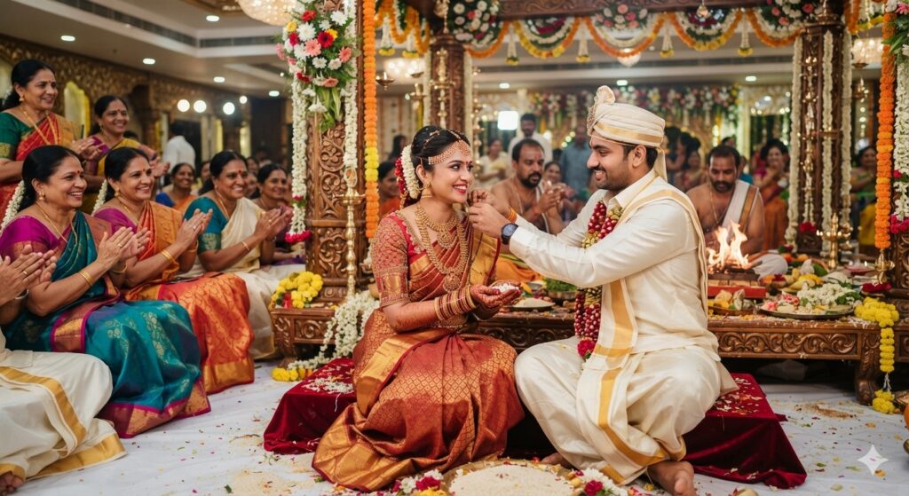 Couple sitting together considering online marriage counselling in Telugu